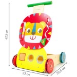 Antemergator 2 in 1 Lion din lemn cu  cuburi colorate si roti din cauciuc